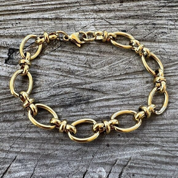 14K Gold plated Hollow Oval Link Bracelet Stainless Steel womens jewelry - Picture 2 of 6